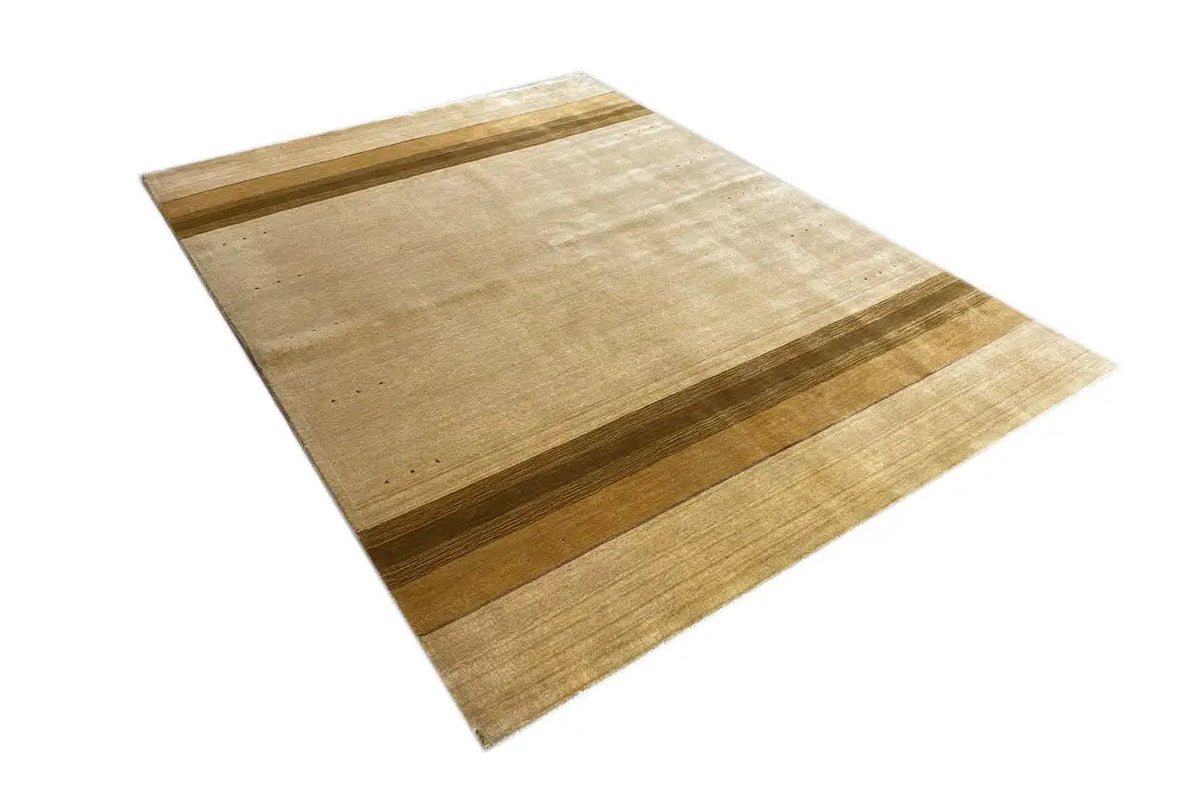 Rectangular rug with a beige background and brown horizontal stripes