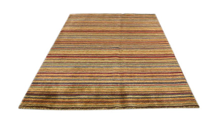 Oriental rug with a striped pattern, multicolored, laid flat
