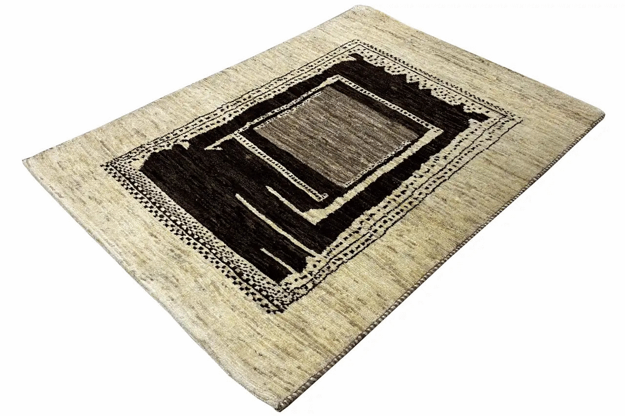Gabbeh rug 109x81 cm, beige with dark rectangles and a decorative border