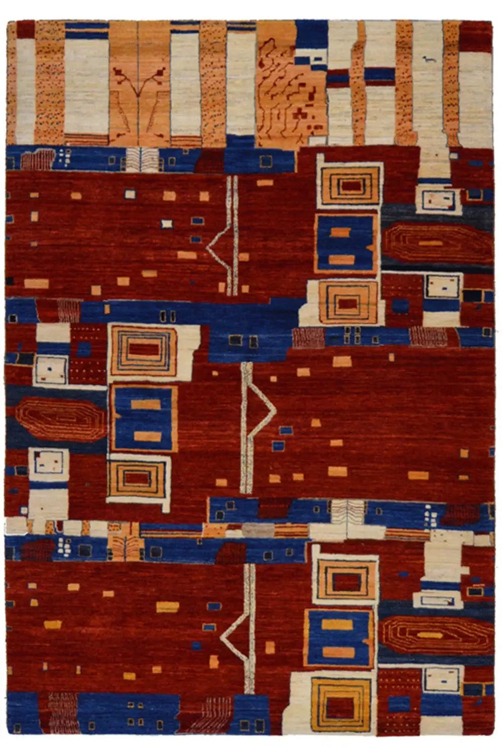 Gabbeh rug with a geometric pattern in red, blue, beige, and white