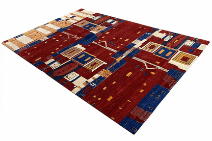 Gabbeh rug: red pattern with blue and cream-colored squares and decorative lines