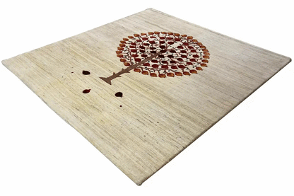 Gabbeh rug, light beige with a tree motif in brown/bordeaux, 151x148 cm