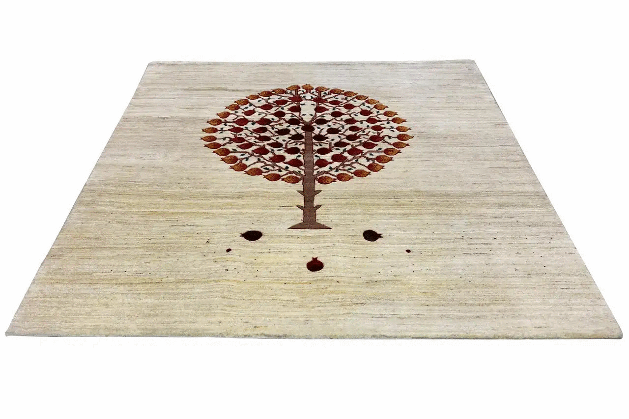 Gabbeh rug with a light beige background and tree motif in brown/bordeaux, 151x148 cm