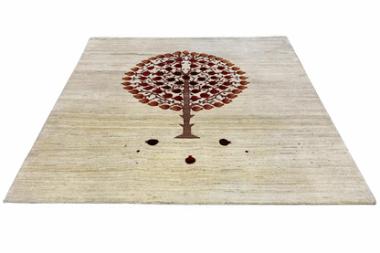 Gabbeh rug with a light beige background and tree motif in brown/bordeaux, 151x148 cm