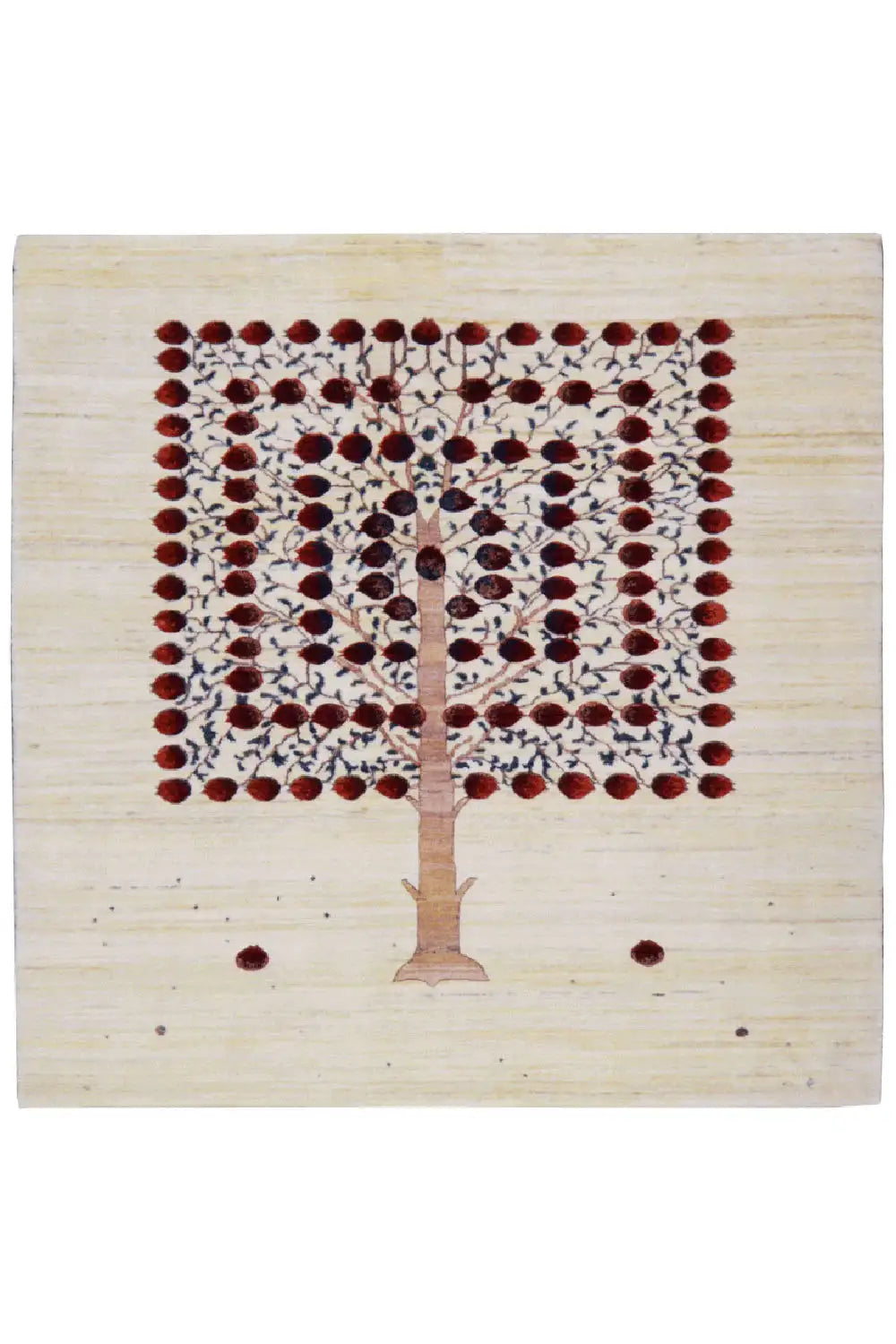 Gabbeh rug with a light background, red pattern, and tree motif in the center