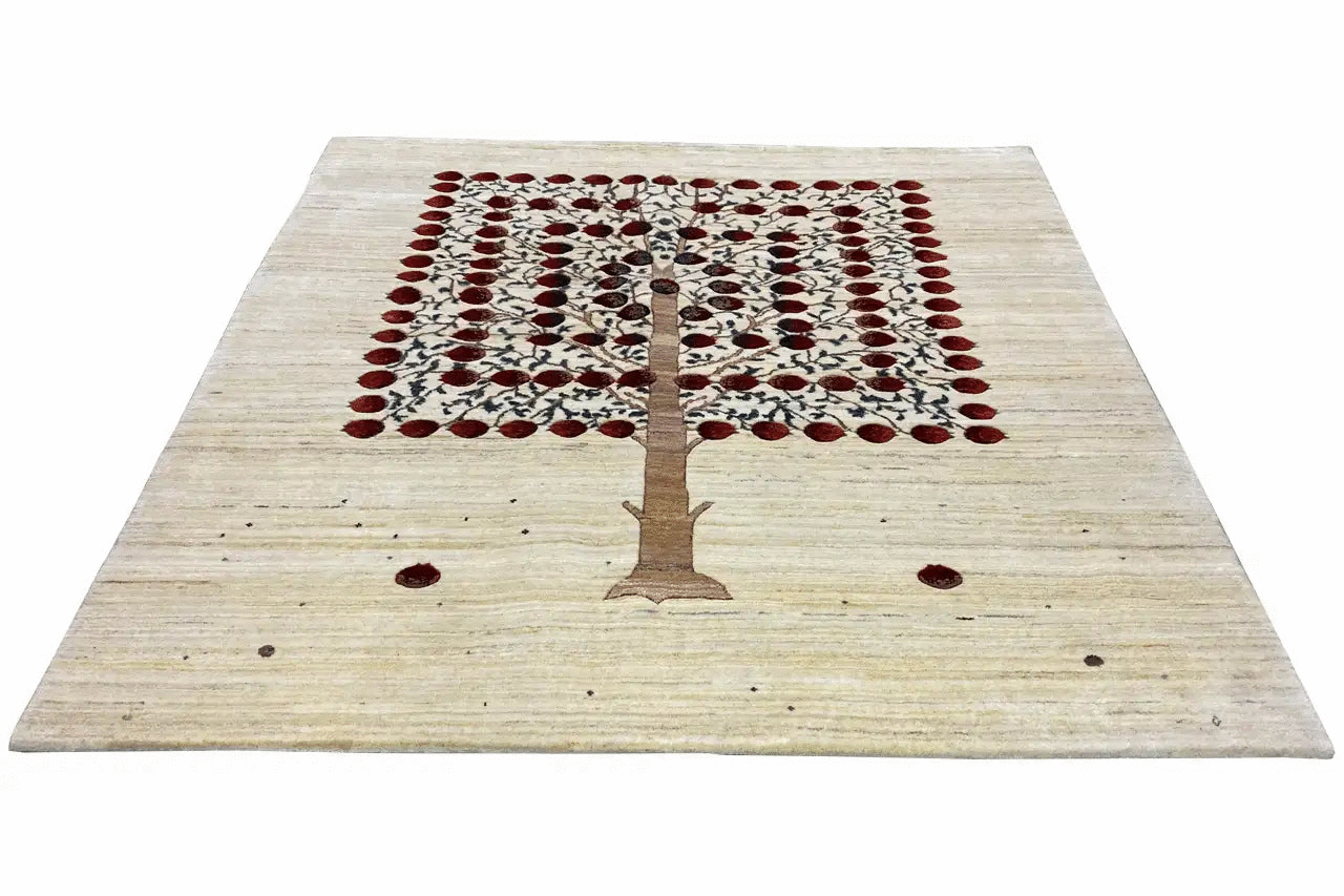 Gabbeh rug, flat-woven pattern with a red tree motif and fine dots along the edge