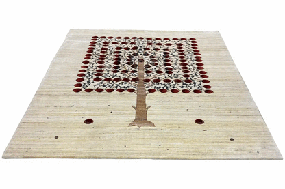 Gabbeh rug, flat-woven pattern with a red tree motif and fine dots along the edge