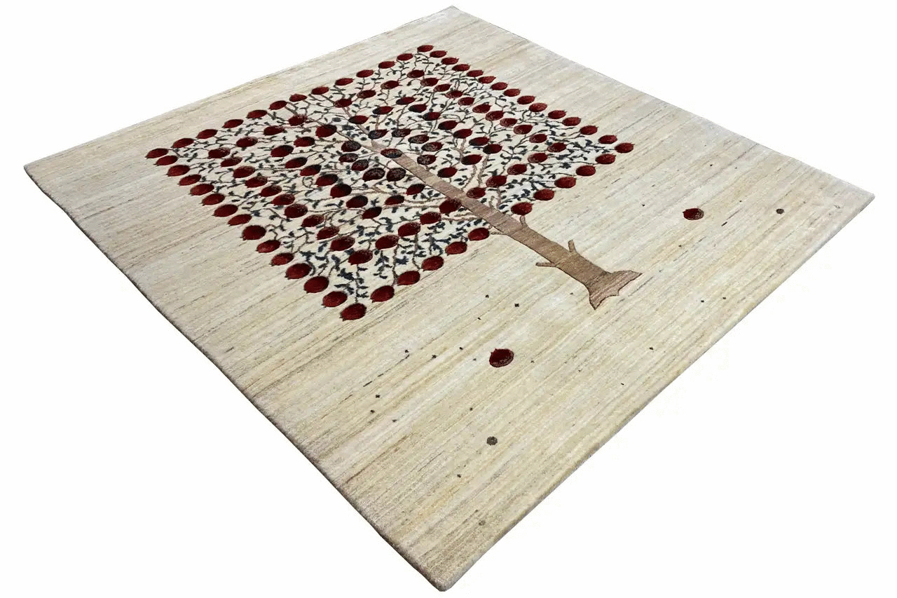 Gabbeh rug with red diamond ornament, light relief texture and tree motif