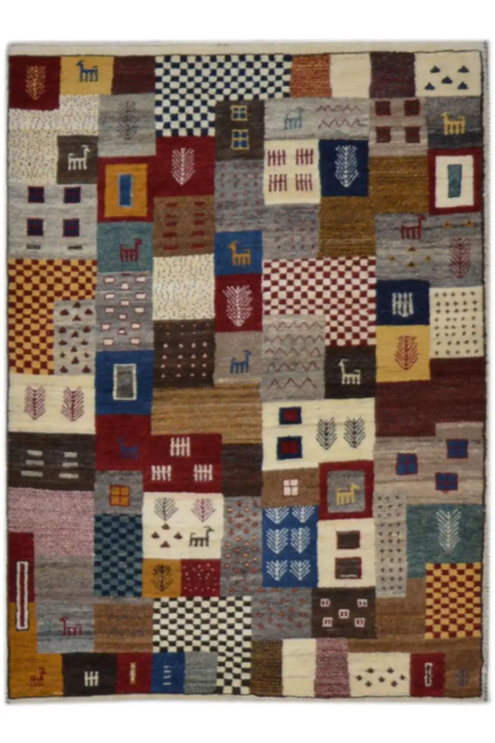 Gabbeh rug with multicolored rectangular patchwork, 136x86 cm