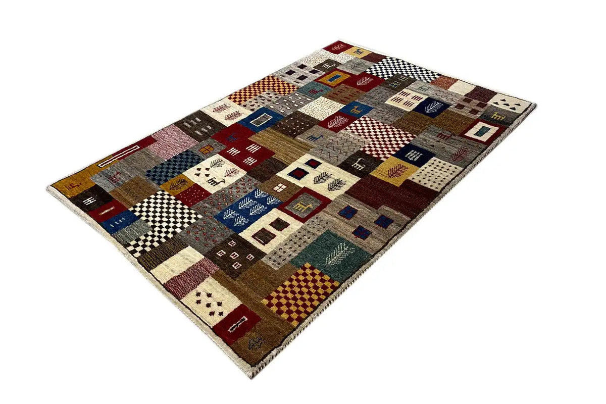 Gabbeh rug, diagonal: multicolored rectangular pattern with diamonds and stripes