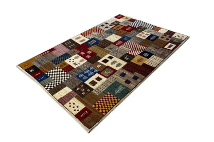 Gabbeh rug, diagonal: multicolored rectangular pattern with diamonds and stripes
