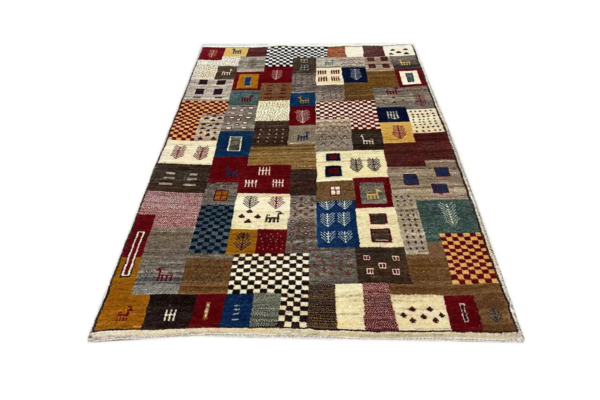 Gabbeh rug with geometric tile patchwork in brown, blue, red and beige