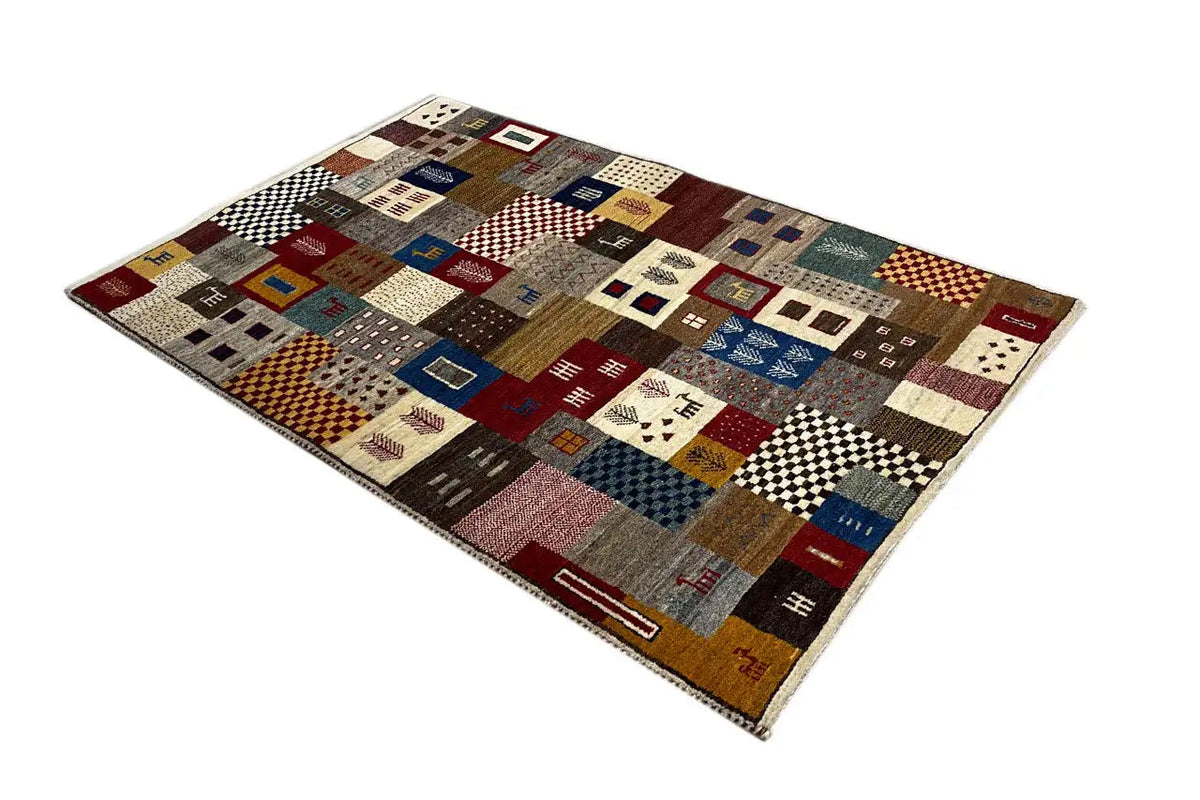 Gabbeh rug with a colorful tile pattern and border made of small rectangles