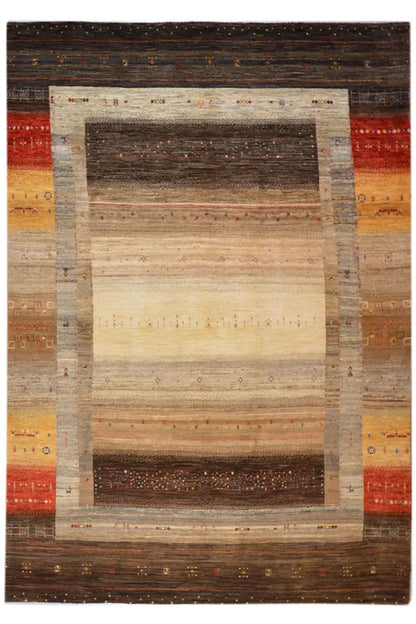 Gabbeh rug with geometric patchwork in brown, beige, and red