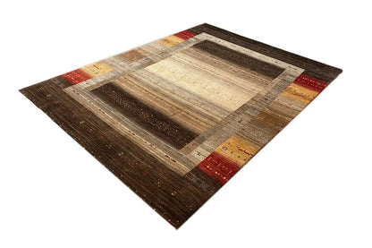 Gabbeh rug, spread out: striped pattern in brown, beige and red