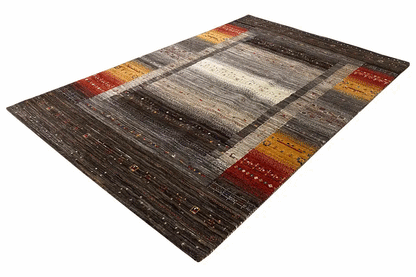 Gabbeh rug, diagonal: dark stripes with a light central band and red accents at the corners