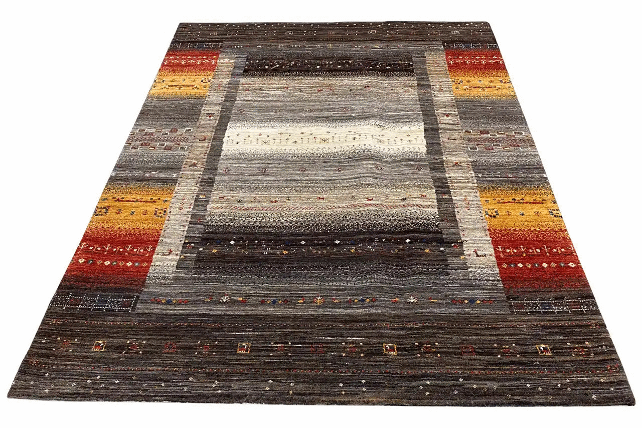Gabbeh rug 30642 in dark brown with a gray-white central stripe and colorful borders