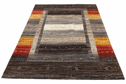 Gabbeh rug 30642 in dark brown with a gray-white central stripe and colorful borders