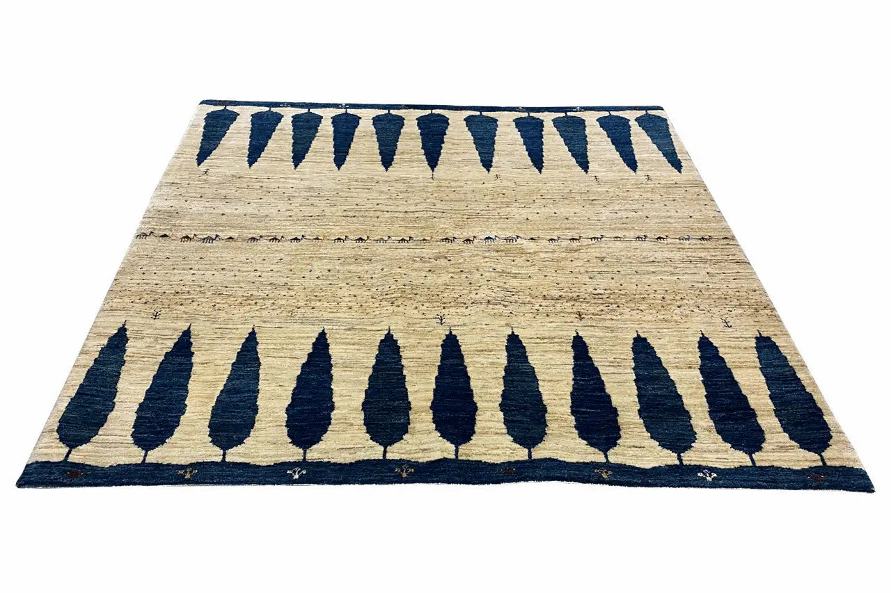 Gabbeh rug, beige background with dark blue stripes and a jagged border