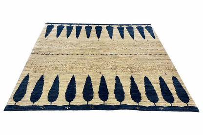 Gabbeh rug, beige background with dark blue stripes and a jagged border