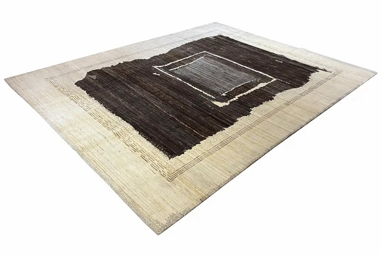 Gabbeh rug with a square dark brown pattern and beige border