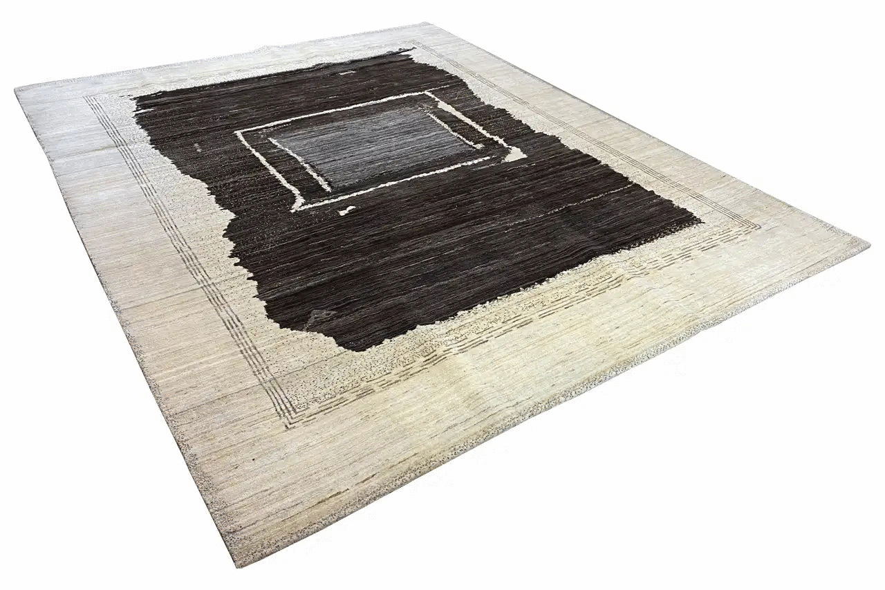 Gabbeh rug with dark brown rectangular design and beige border