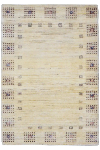 Gabbeh rug 94x64 cm in beige with a fine geometric pattern and border