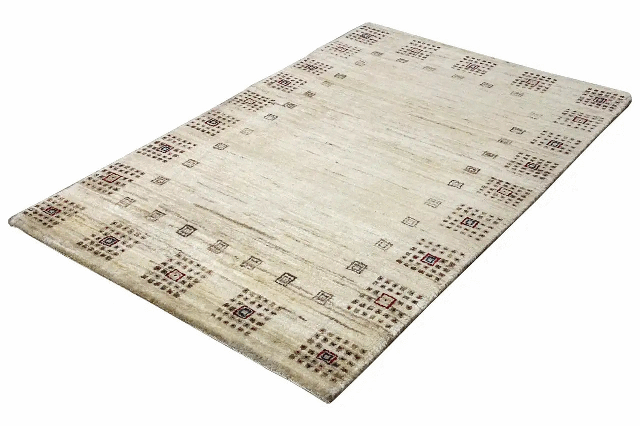 Gabbeh rug 94x64 cm, flat-woven in beige with geometric color blocks