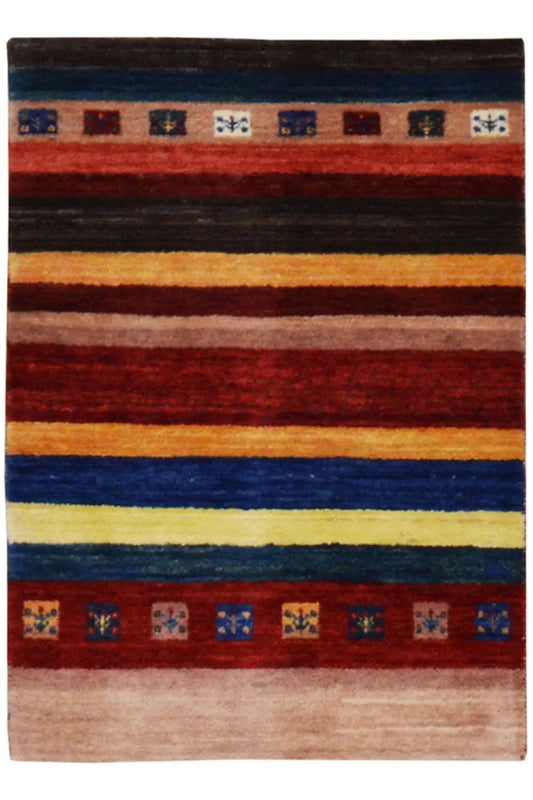 Gabbeh rug with red-blue-beige stripes and a blue border, 91×59 cm