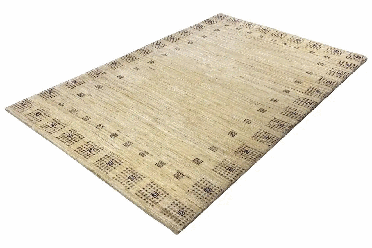 Gabbeh Lori rug (150x101 cm), beige field pattern with dark squares