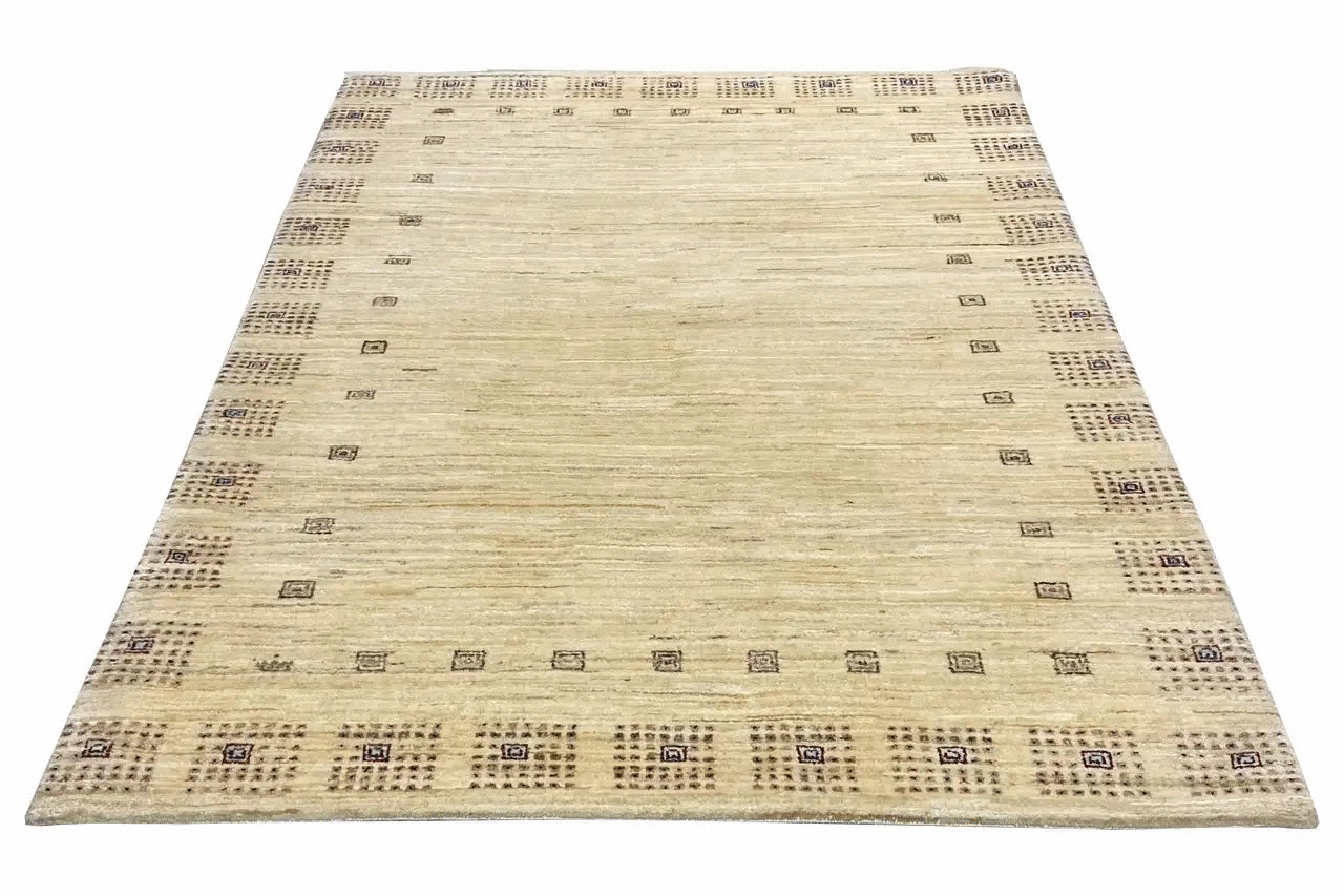 Gabbeh Lori rug (150x101 cm), beige background with geometric rows of dark squares
