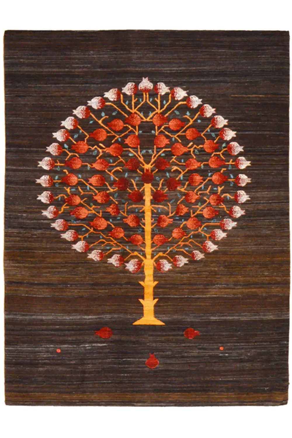 Dark brown rug with a red tree motif and yellow accents