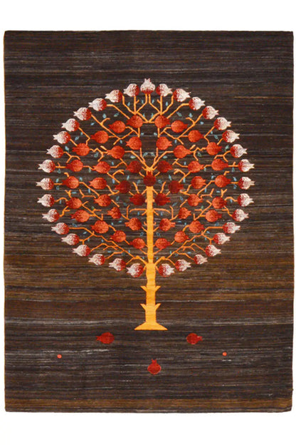 Dark brown rug with a red tree motif and yellow accents