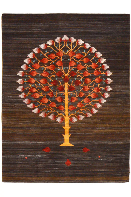 Dark brown rug with a red tree motif and yellow accents