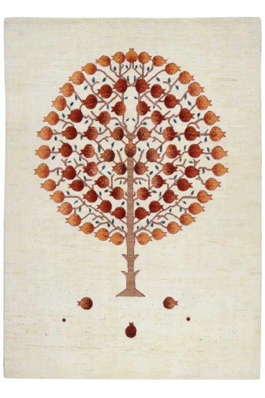 Gabbeh rug with a tree motif on a cream-colored background, reddish-brown dots, approx. 207x148 cm