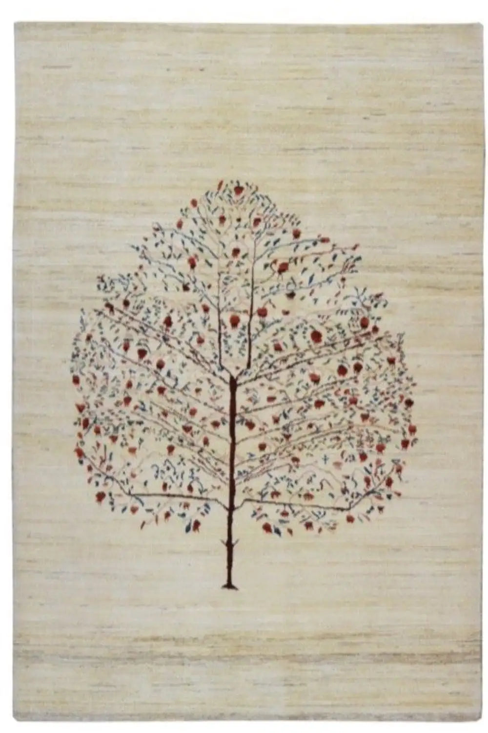 Beige Gabbeh rug with a central tree motif and delicate scattered red and blue ornaments