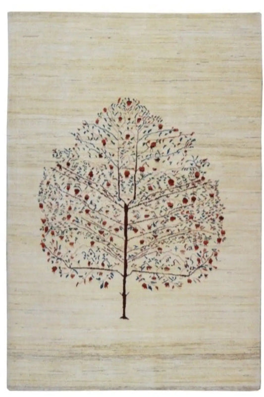 Beige Gabbeh rug with a central tree motif and delicate scattered red and blue ornaments