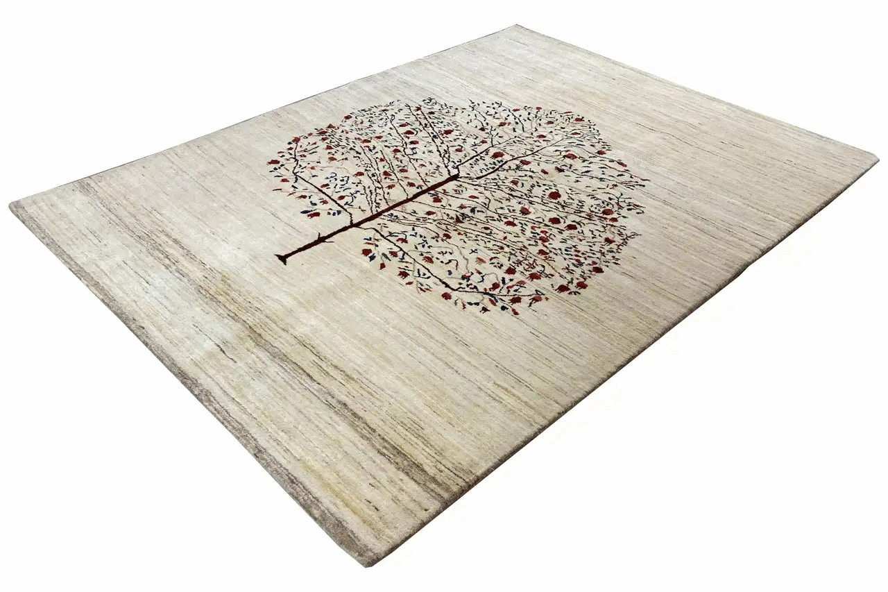 Beige Gabbeh rug with a central tree motif and red and blue ornaments
