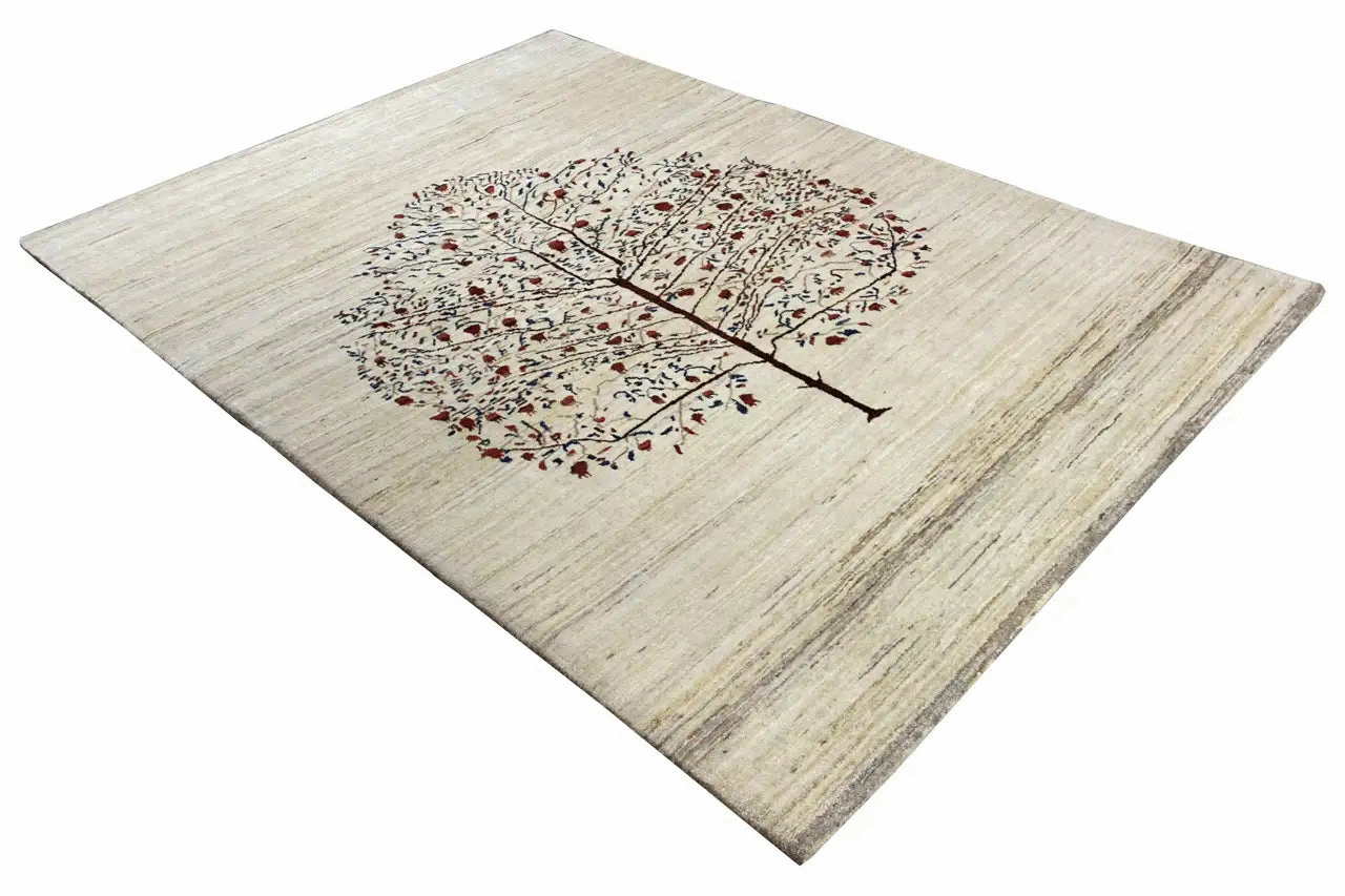 Beige Gabbeh rug with a tree design and floral red and blue ornamental details