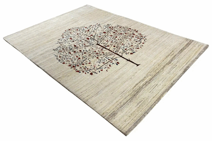 Beige Gabbeh rug with a tree design and floral red and blue ornamental details