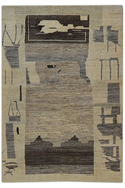 Gabbeh Lori rug with a beige background and dark abstract pattern, 206x141 cm
