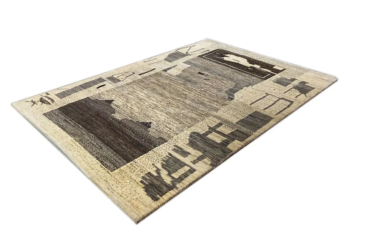 Gabbeh rug Lori, abstract geometric pattern in dark brown on a beige background