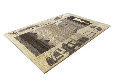 Gabbeh rug Lori, abstract geometric pattern in dark brown on a beige background