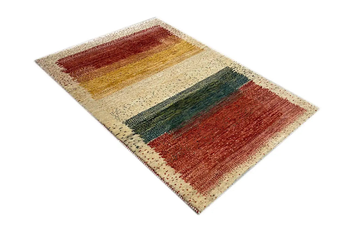 Gabbeh rug at an angle, bands of color in rust red, ochre, green, and cream, 115x79 cm