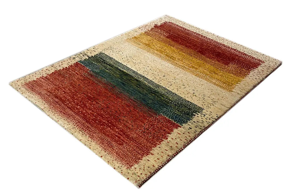 Gabbeh rug 115x79 cm with patterned stripes in rust red, dark green and cream