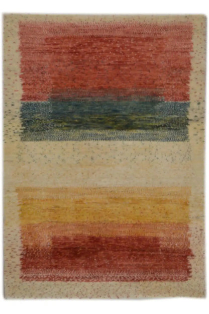 Gabbeh rug with wide stripes in rust red, green, and cream, 115x79 cm