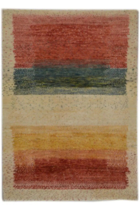 Gabbeh rug with wide stripes in rust red, green, and cream, 115x79 cm