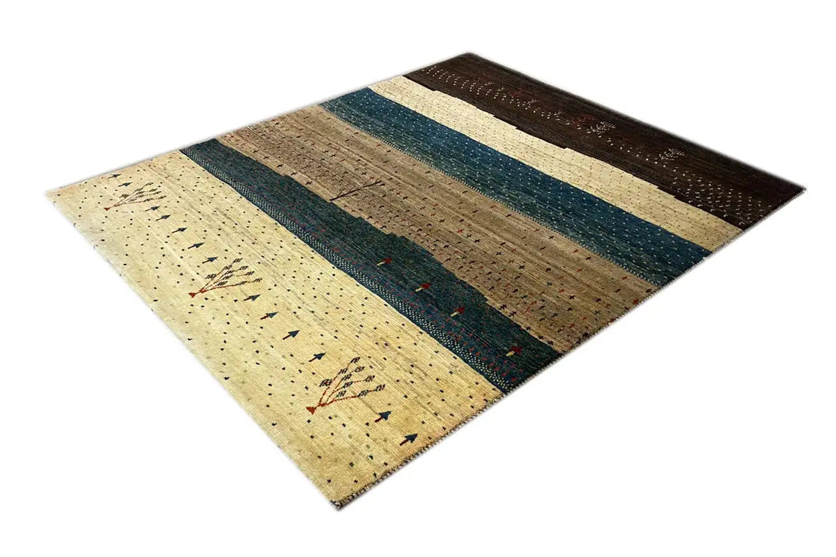 Gabbeh Lori rug with stripes in brown, petrol blue, and beige, 146x122 cm