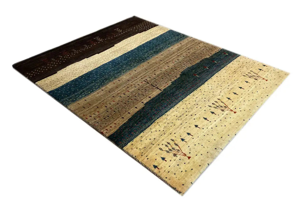 Gabbeh Lori rug, diagonal view, stripes in dark brown, petrol and cream