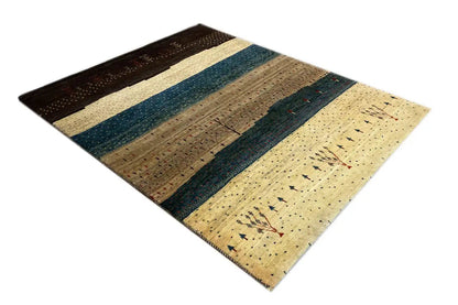 Gabbeh Lori rug, diagonal view, stripes in dark brown, petrol and cream
